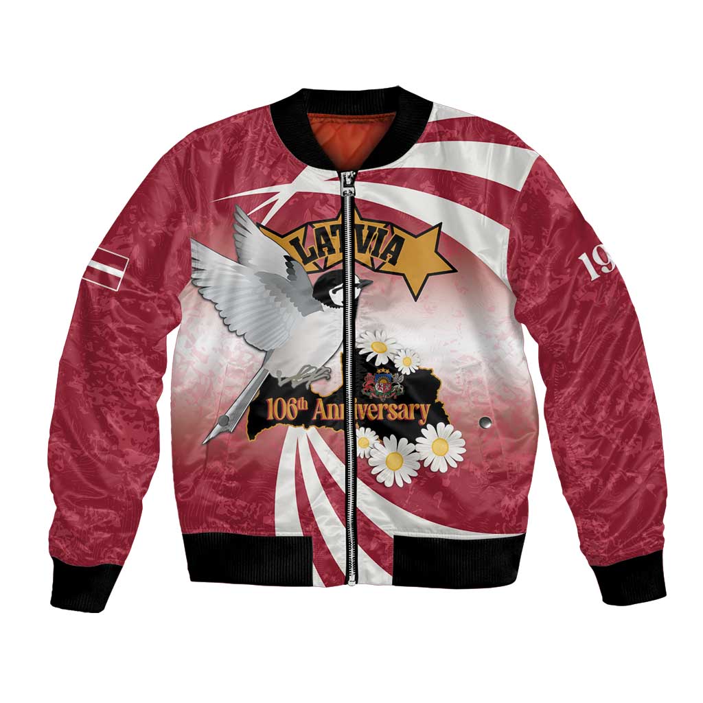 Red bomber jacket with white stripes, front zipper, eagle and floral graphic