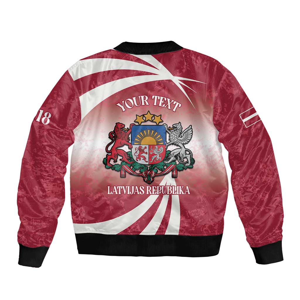 Red bomber jacket, black ribbed trim, back crest graphic with stars and animals