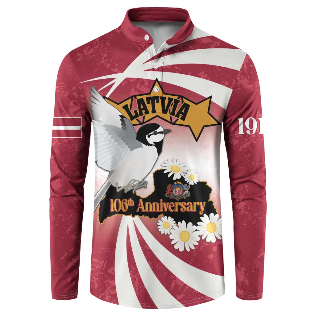 Red long-sleeve button sweatshirt with LATVIA star emblem, bird, daisies, stripes