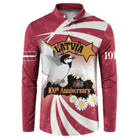 Red long-sleeve button sweatshirt with LATVIA star emblem, bird, daisies, stripes