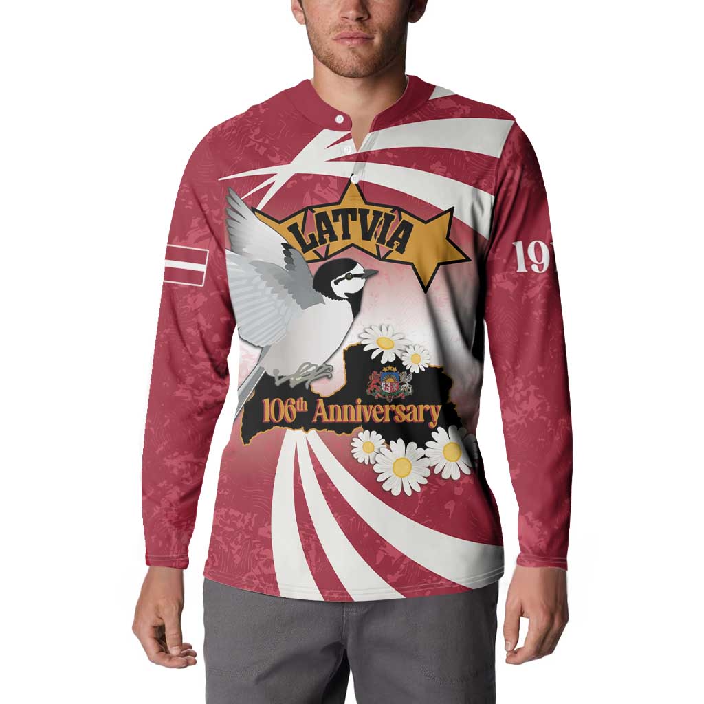 Red long-sleeve button sweatshirt worn by model, LATVIA star emblem and daisies