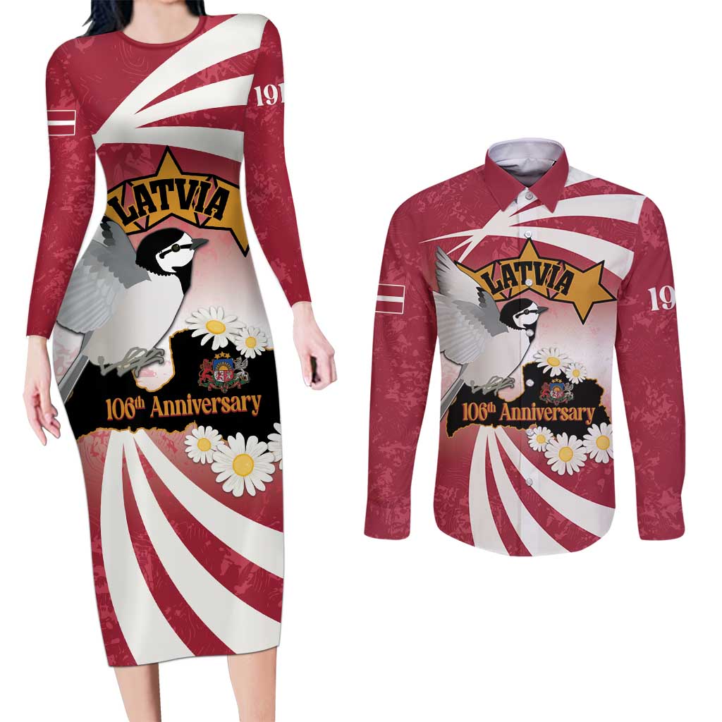 Personalised Latvia Independence Day Couples Matching Long Sleeve Bodycon Dress and Long Sleeve Button Shirt Latvija White Wagtail With Map 106th Anniversary - Wonder Print Shop