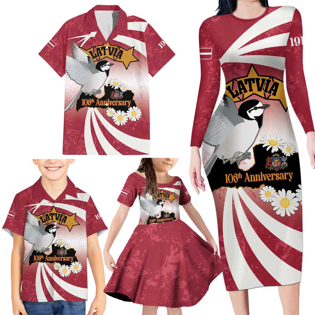 Personalised Latvia Independence Day Family Matching Long Sleeve Bodycon Dress and Hawaiian Shirt Latvija White Wagtail With Map 106th Anniversary - Wonder Print Shop