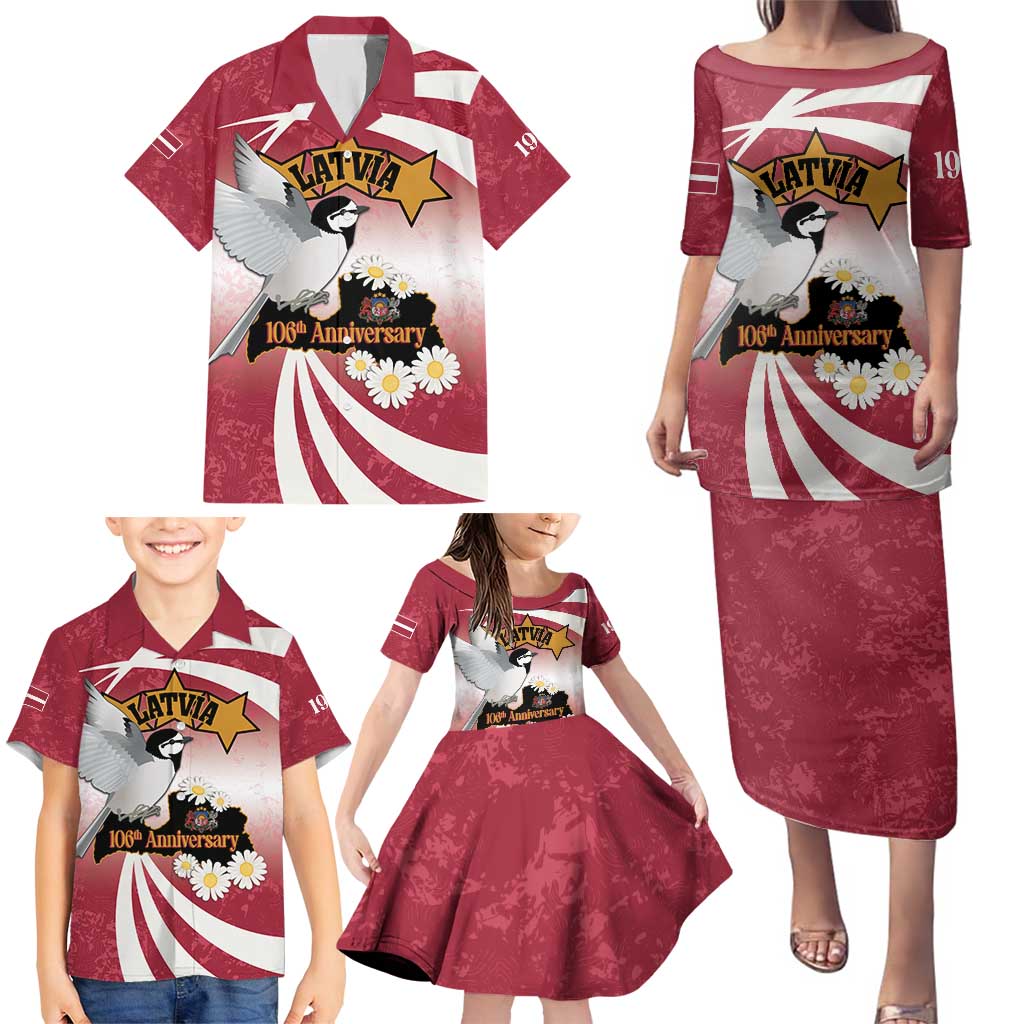 Personalised Latvia Independence Day Family Matching Puletasi and Hawaiian Shirt Latvija White Wagtail With Map 106th Anniversary - Wonder Print Shop