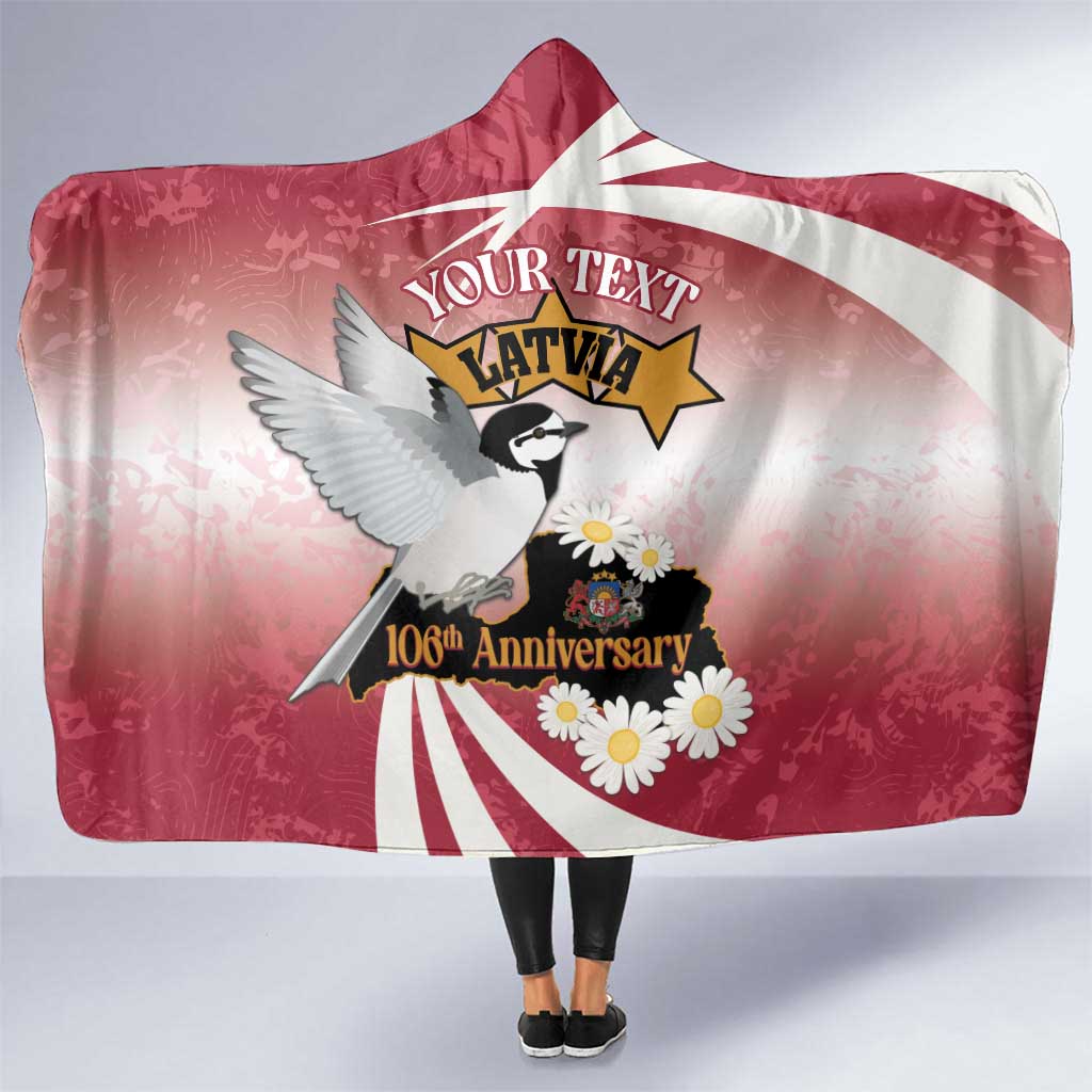 Personalised Latvia Independence Day Hooded Blanket Latvija White Wagtail With Map 106th Anniversary