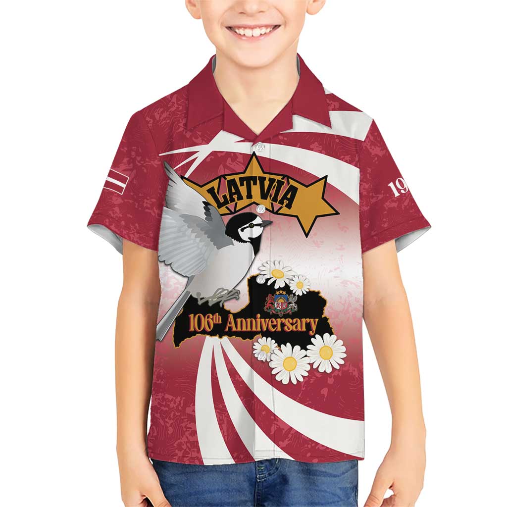 Personalised Latvia Independence Day Kid Hawaiian Shirt Latvija White Wagtail With Map 106th Anniversary - Wonder Print Shop