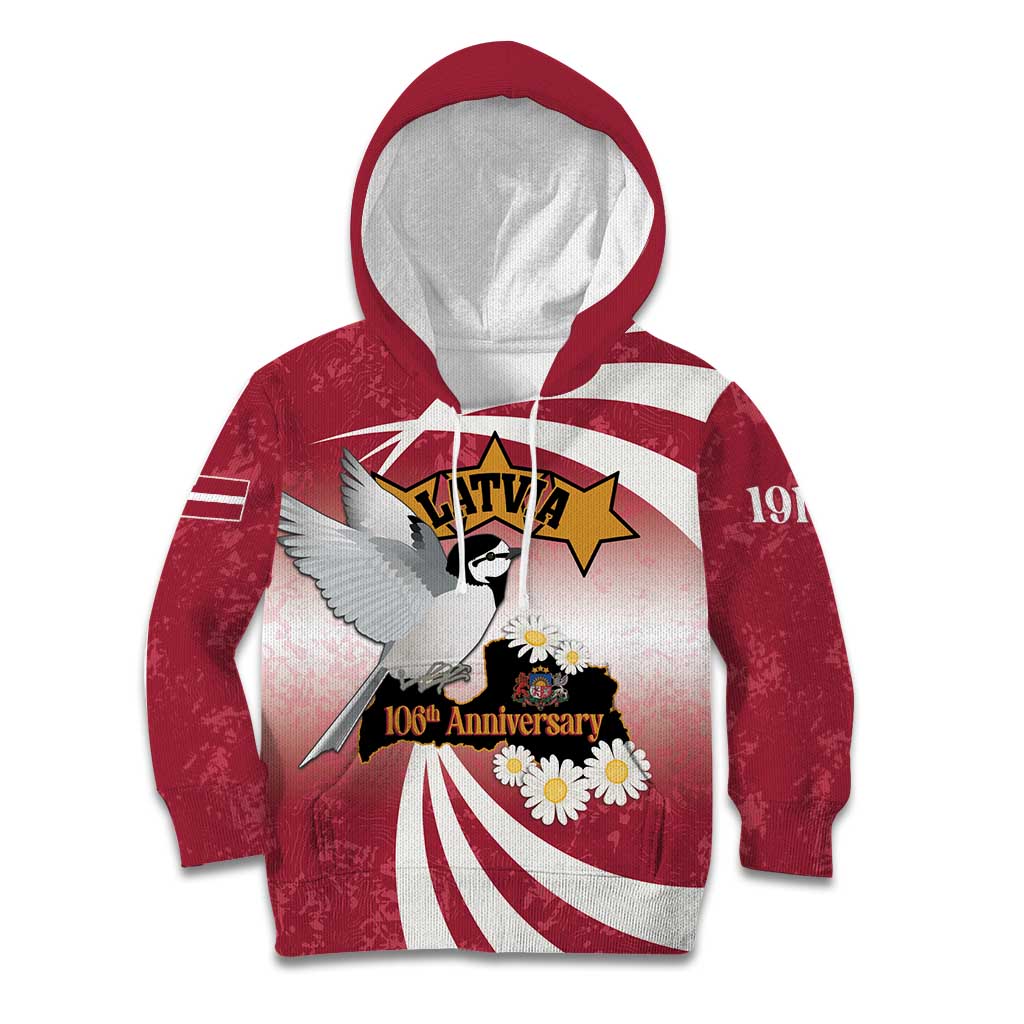 Personalised Latvia Independence Day Kid Hoodie Latvija White Wagtail With Map 106th Anniversary - Wonder Print Shop