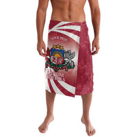 Red wrap skirt with Latvia flag graphic, crest and text panel, knee-length