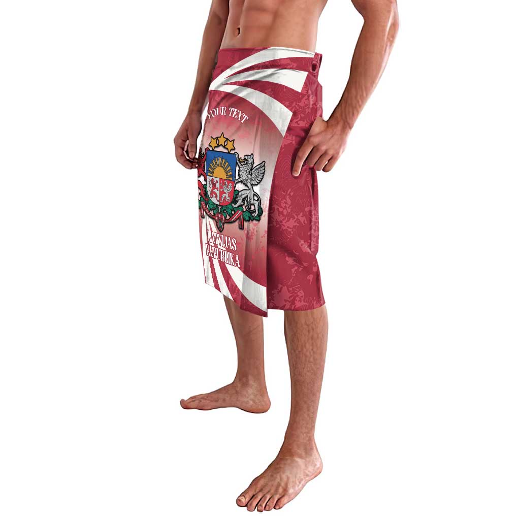 Red wrap skirt with Latvia flag graphic panel and crest, knee-length