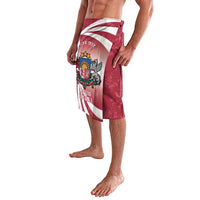 Red wrap skirt with Latvia flag graphic panel and crest, knee-length