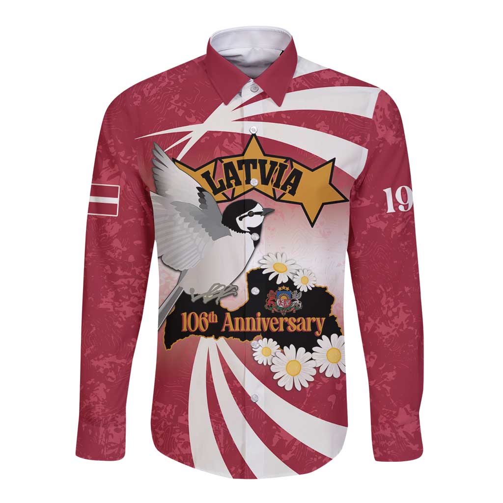 Red long-sleeve button shirt with white stripe rays and Latvia star graphic, 106th Anniversary