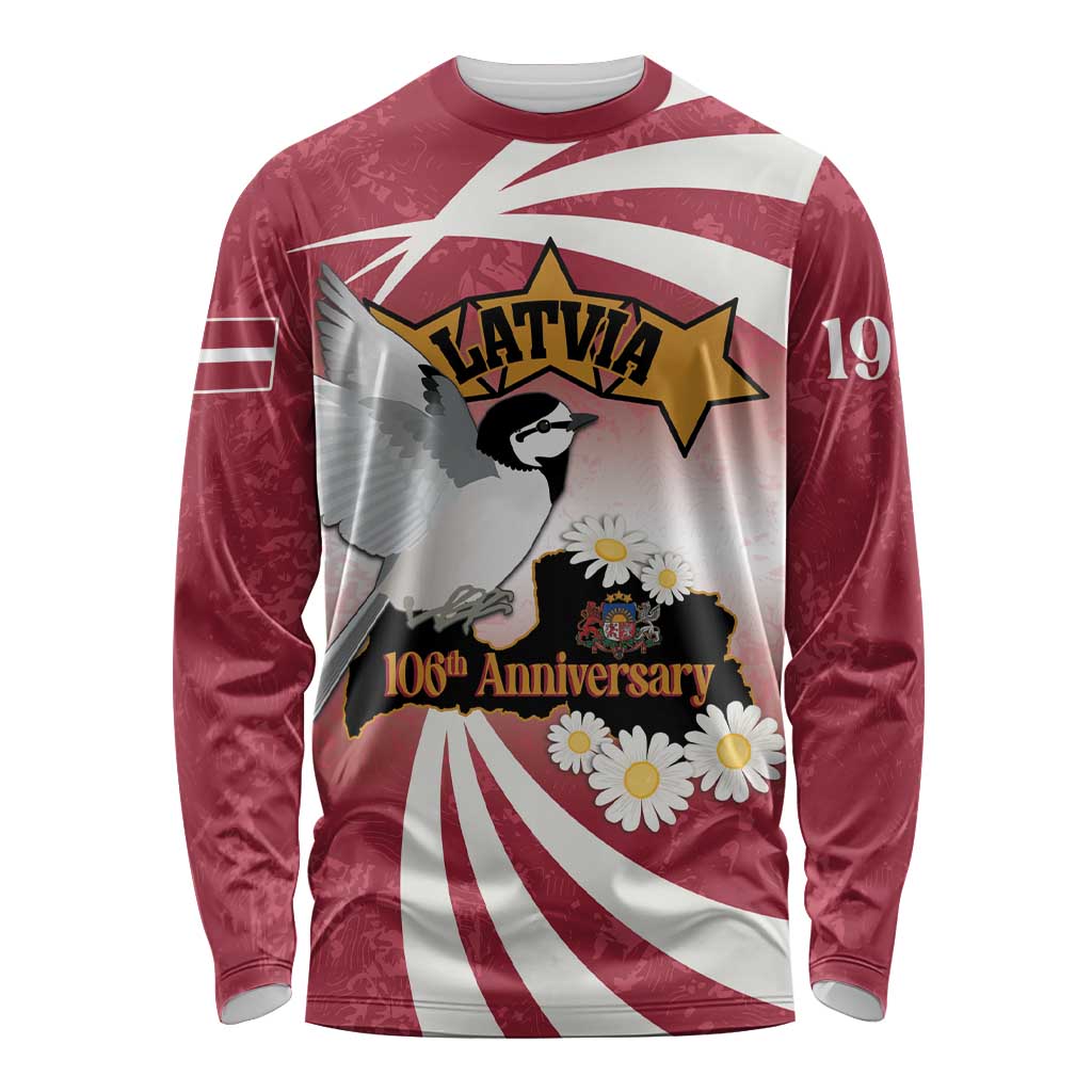 Red long-sleeve shirt with Latvia graphic, bird and flowers over white striped rays