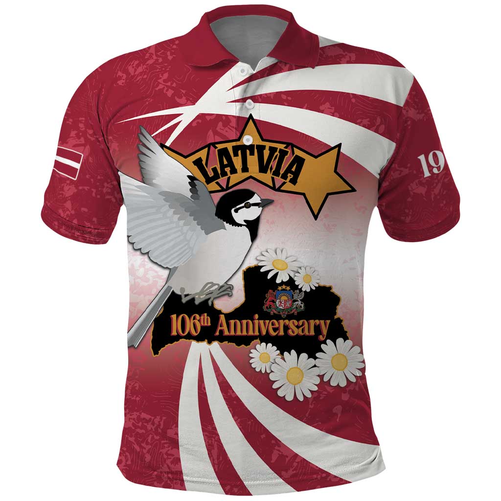 Personalised Latvia Independence Day Polo Shirt Latvija White Wagtail With Map 106th Anniversary - Wonder Print Shop