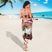 Red and white Latvia-themed sarong with 'Your text Latvia' and eagle graphic on reverse