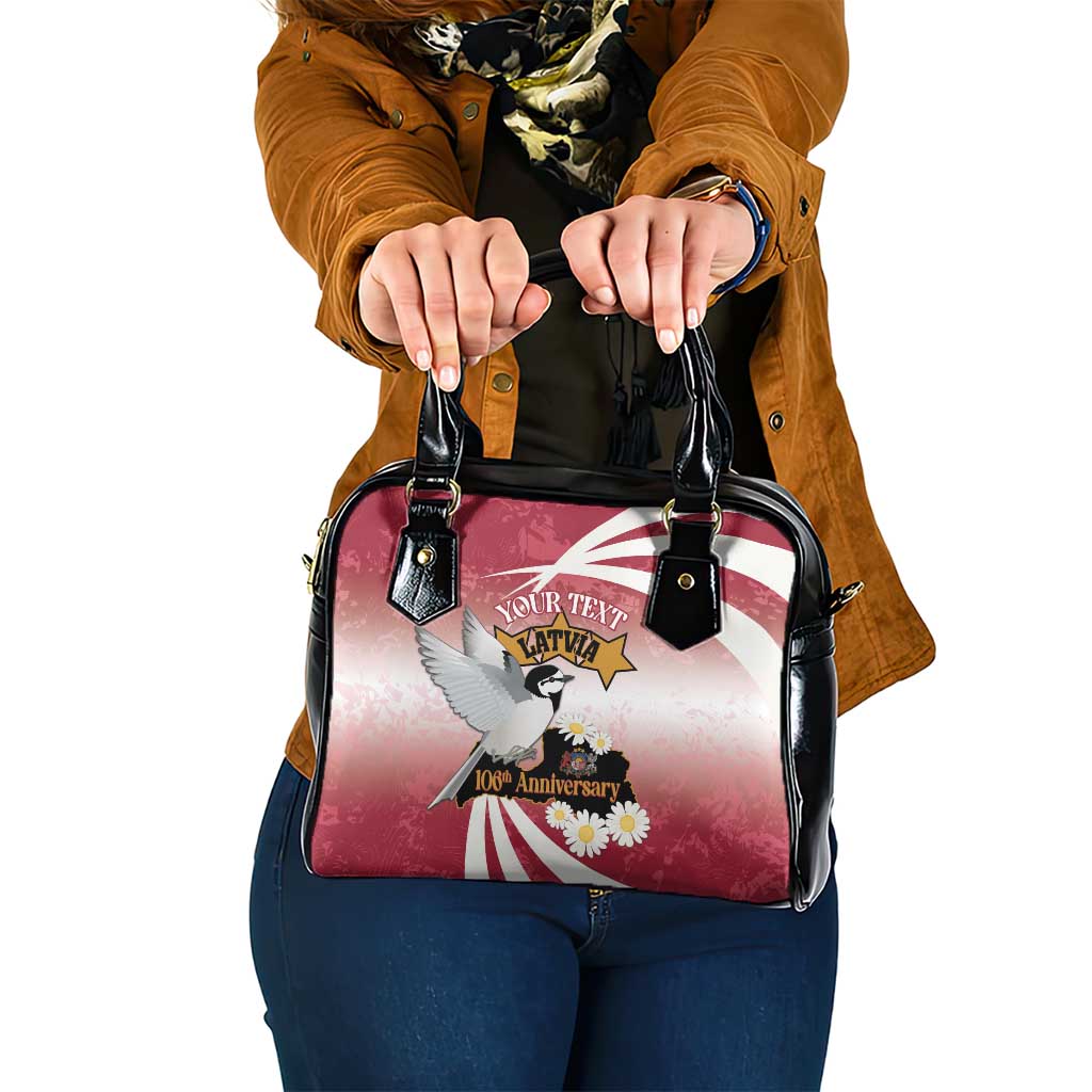 Personalised Latvia Independence Day Shoulder Handbag Latvija White Wagtail With Map 106th Anniversary