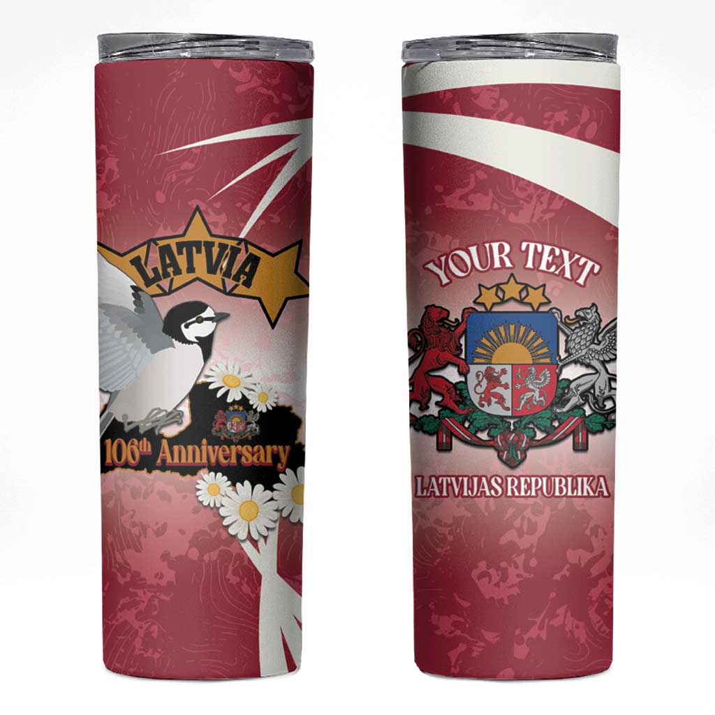 Personalised Latvia Independence Day Skinny Tumbler Latvija White Wagtail With Map 106th Anniversary - Wonder Print Shop