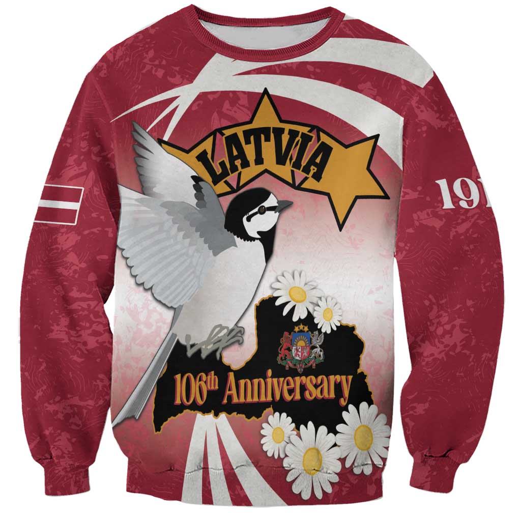 Red crewneck sweatshirt with white stripes, bird, Latvija star emblem and flowers