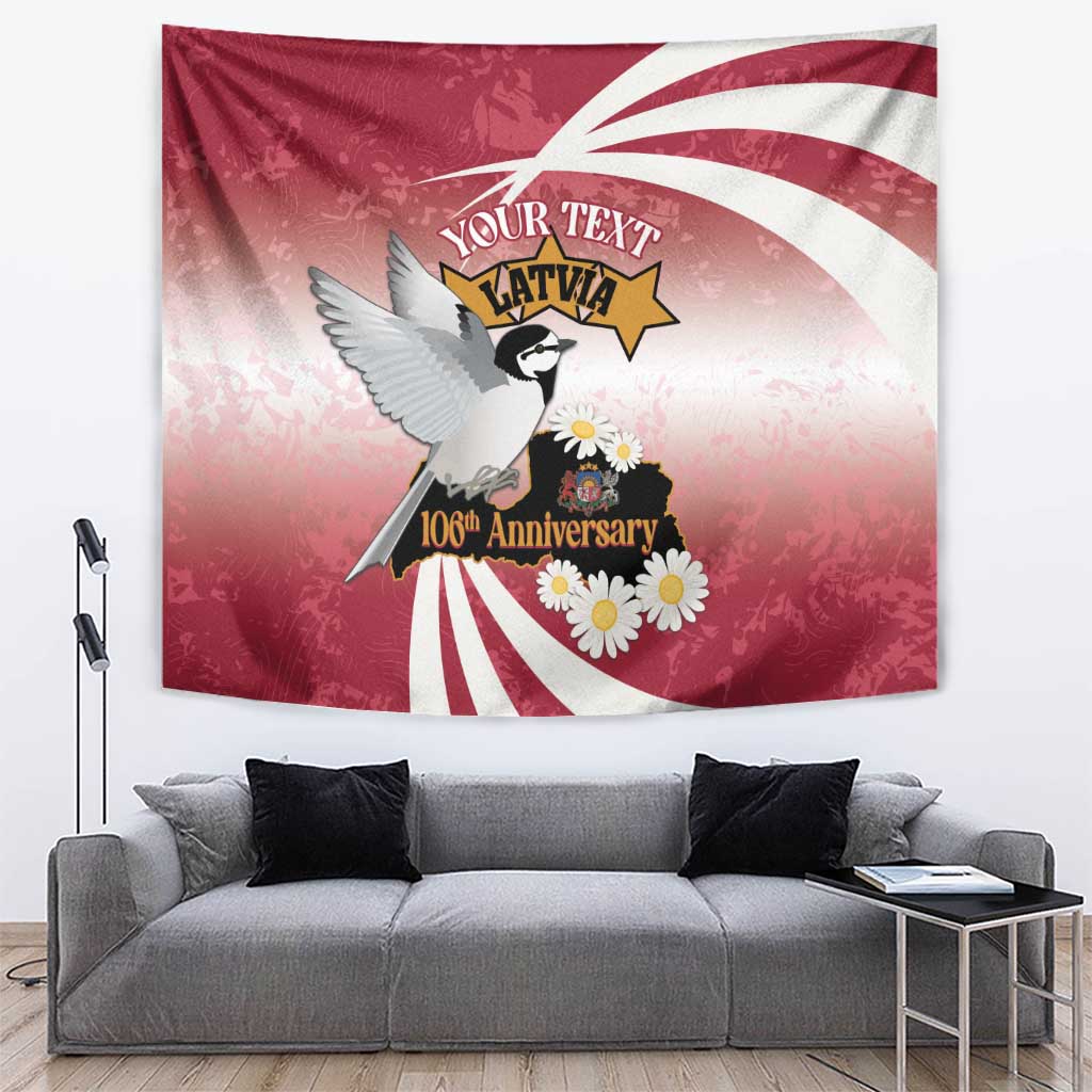 Red Independence Day wall tapestry with white rays, bird and flowers, banner text