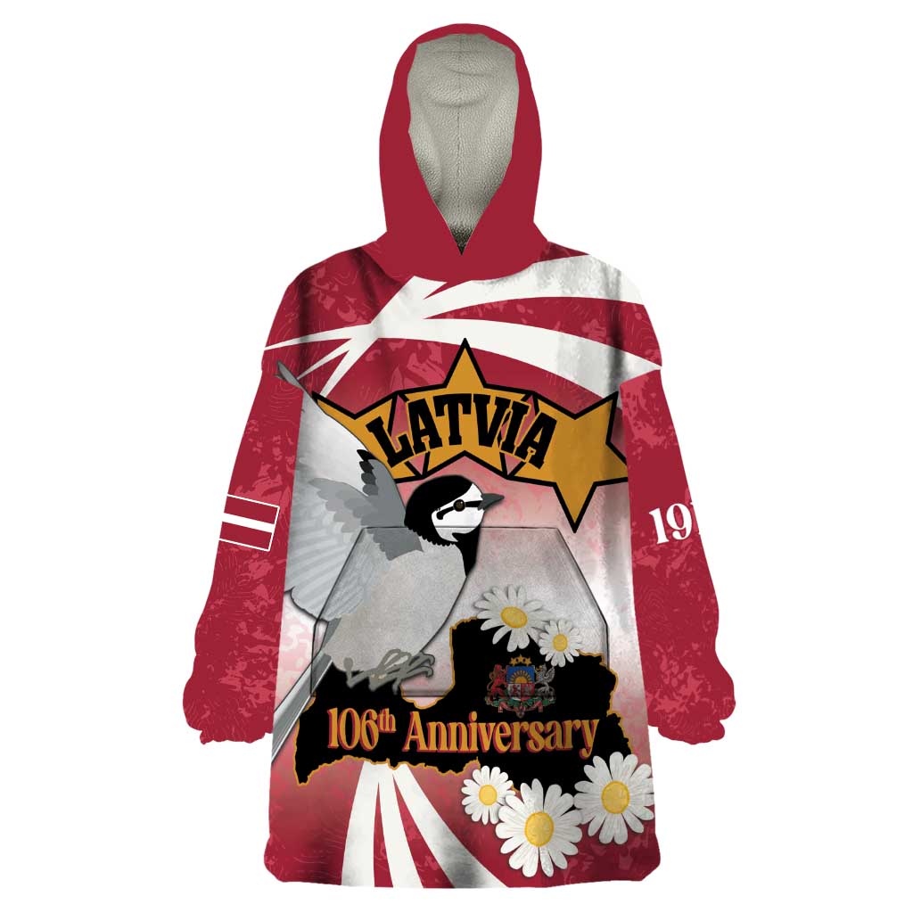 Personalised Latvia Independence Day Wearable Blanket Hoodie Latvija White Wagtail With Map 106th Anniversary - Wonder Print Shop