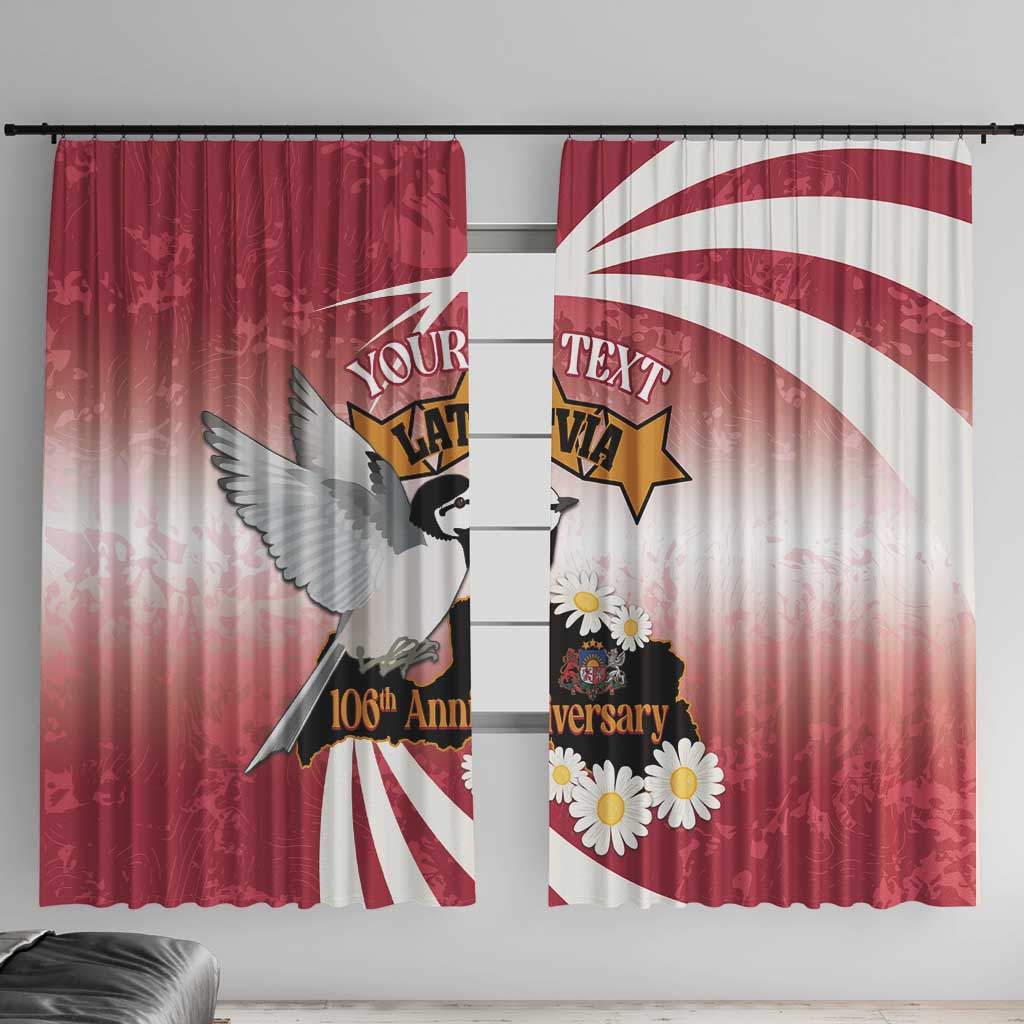 Red and white Latvia-themed window curtain panels with winged bird, stars, daisies, and anniversary text