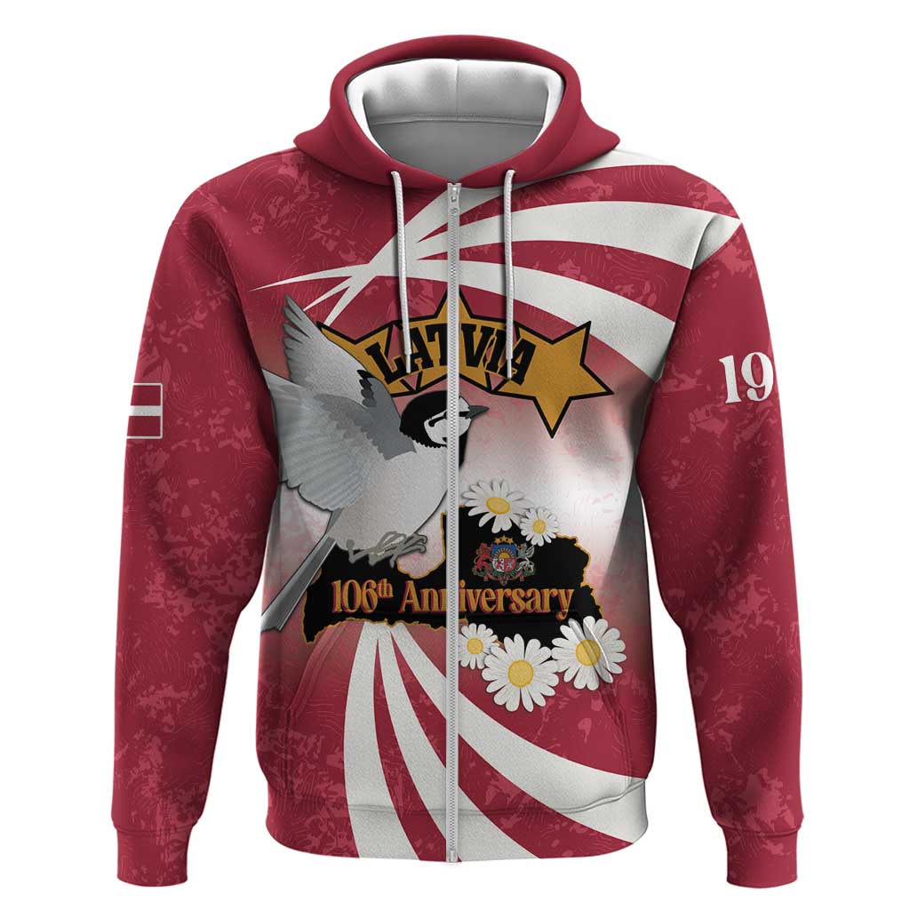 Personalised Latvia Independence Day Zip Hoodie Latvija White Wagtail With Map 106th Anniversary - Wonder Print Shop