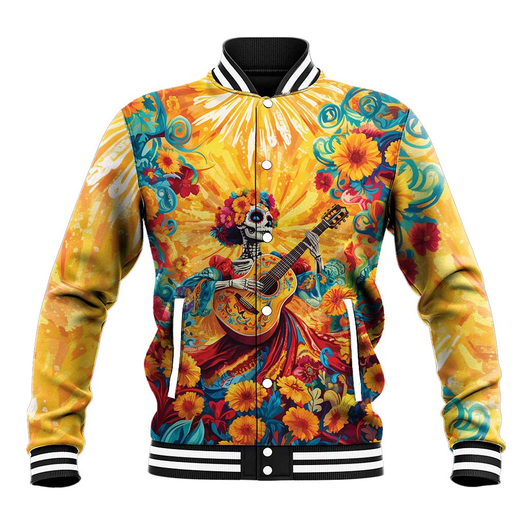 Gold baseball jacket with sugar skull, guitar graphic, and striped ribbed collar cuffs.