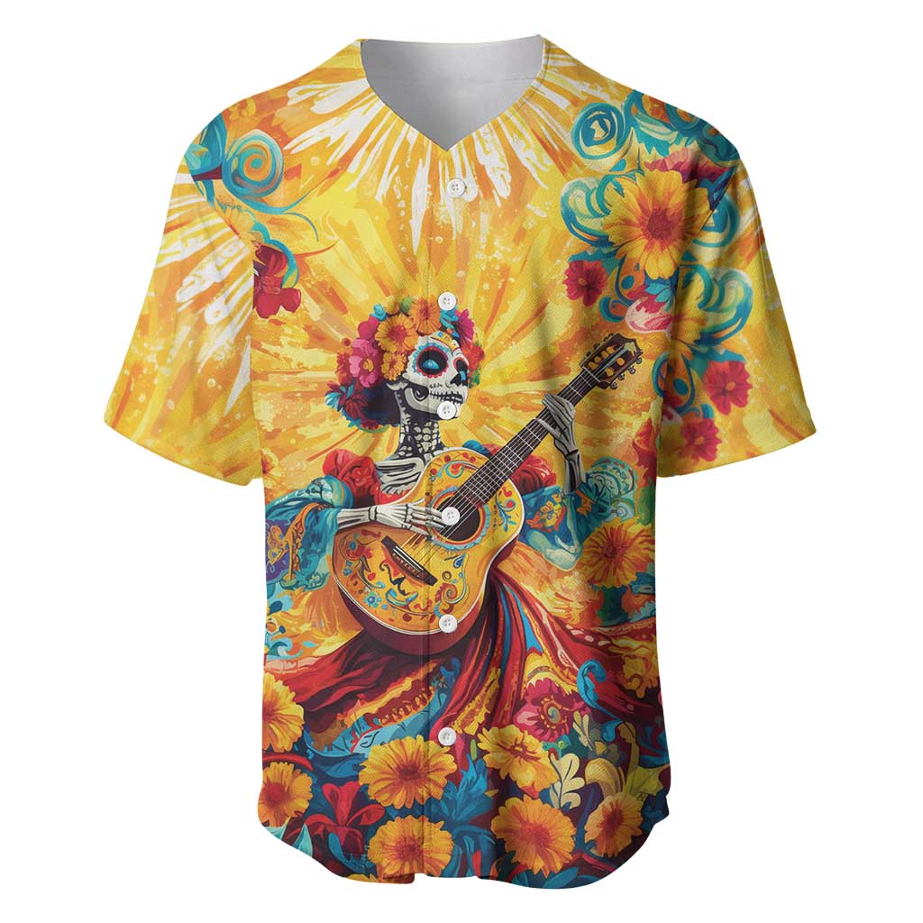 Gold baseball jersey with sugar skull girl playing guitar, colorful flowers and swirls.