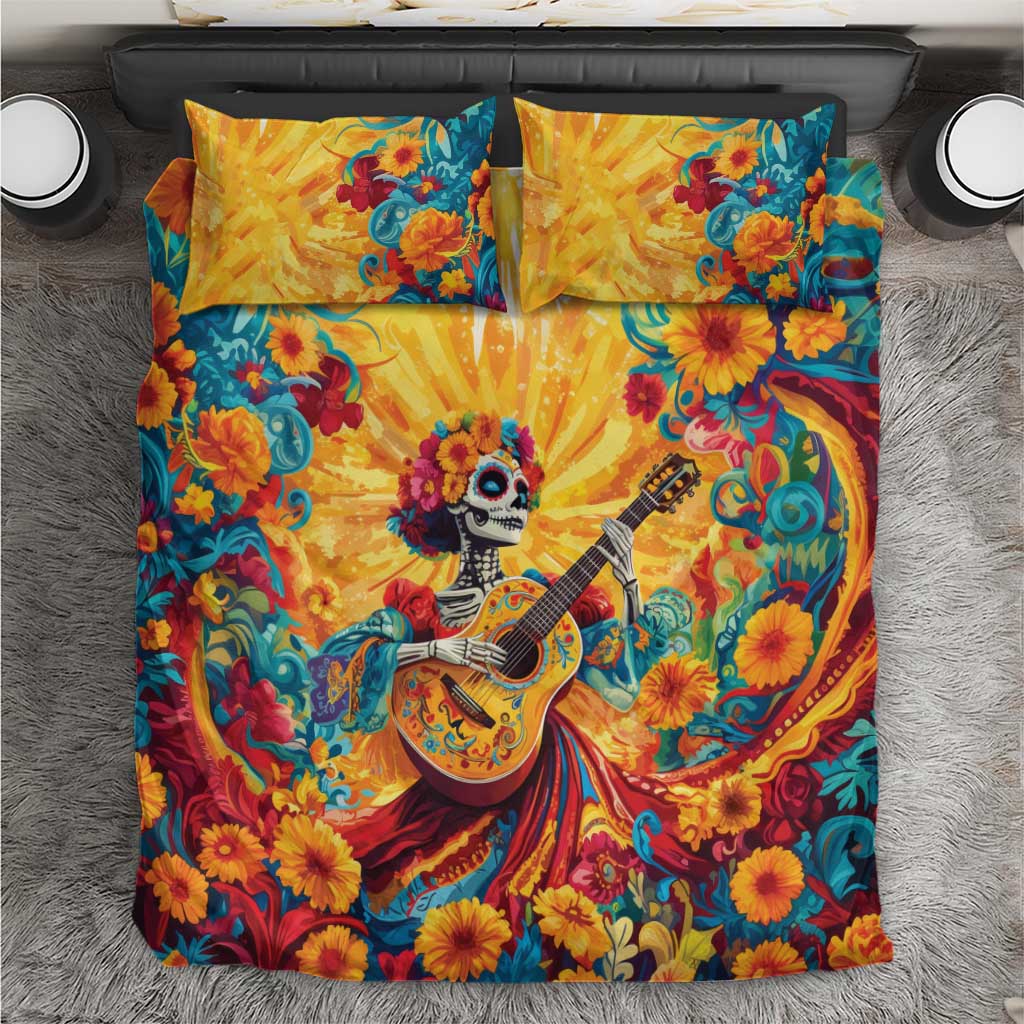 Day of the Dead comforter and pillow set, skull-girl with guitar amid sunburst flowers, yellow.