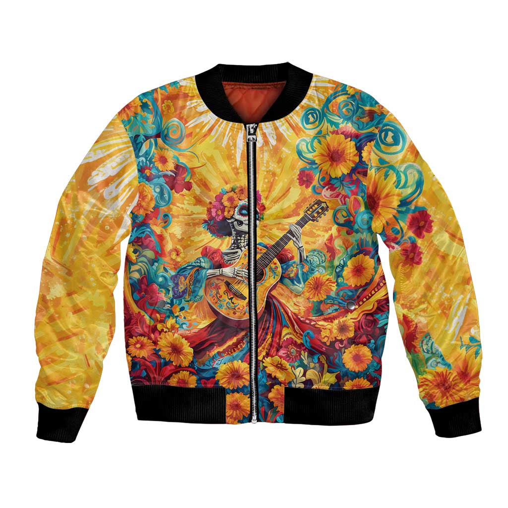 Mexico Day Of The Dead Bomber Jacket Sugar Skull Girl With Guitar Colorful Vibes - Wonder Print Shop