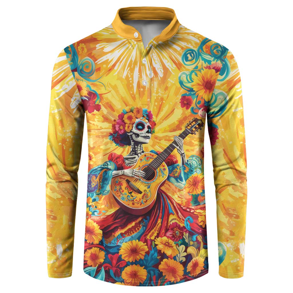 Gold long-sleeve button sweatshirt with sugar skull girl holding a guitar and flowers