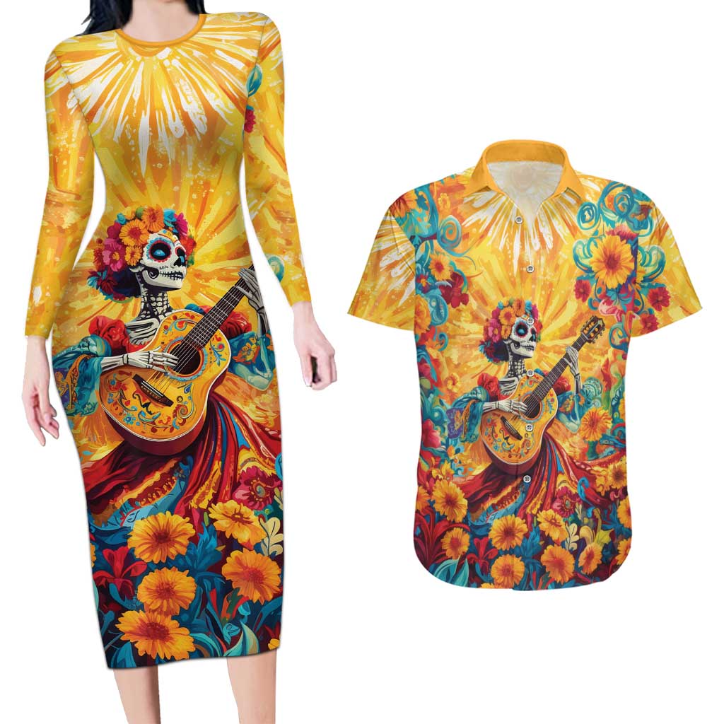 Mexico Day Of The Dead Couples Matching Long Sleeve Bodycon Dress and Hawaiian Shirt Sugar Skull Girl With Guitar Colorful Vibes