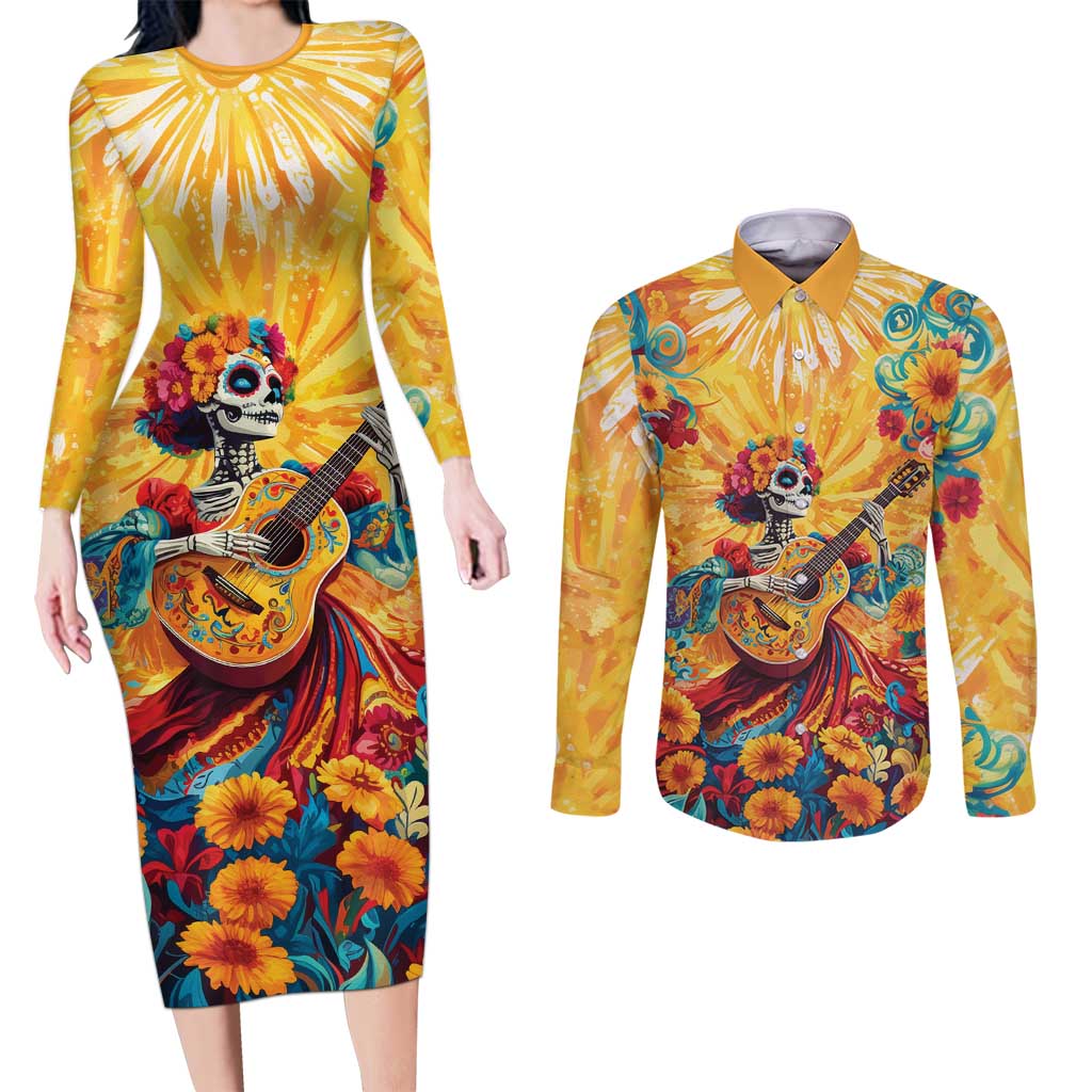 Mexico Day Of The Dead Couples Matching Long Sleeve Bodycon Dress and Long Sleeve Button Shirt Sugar Skull Girl With Guitar Colorful Vibes - Wonder Print Shop