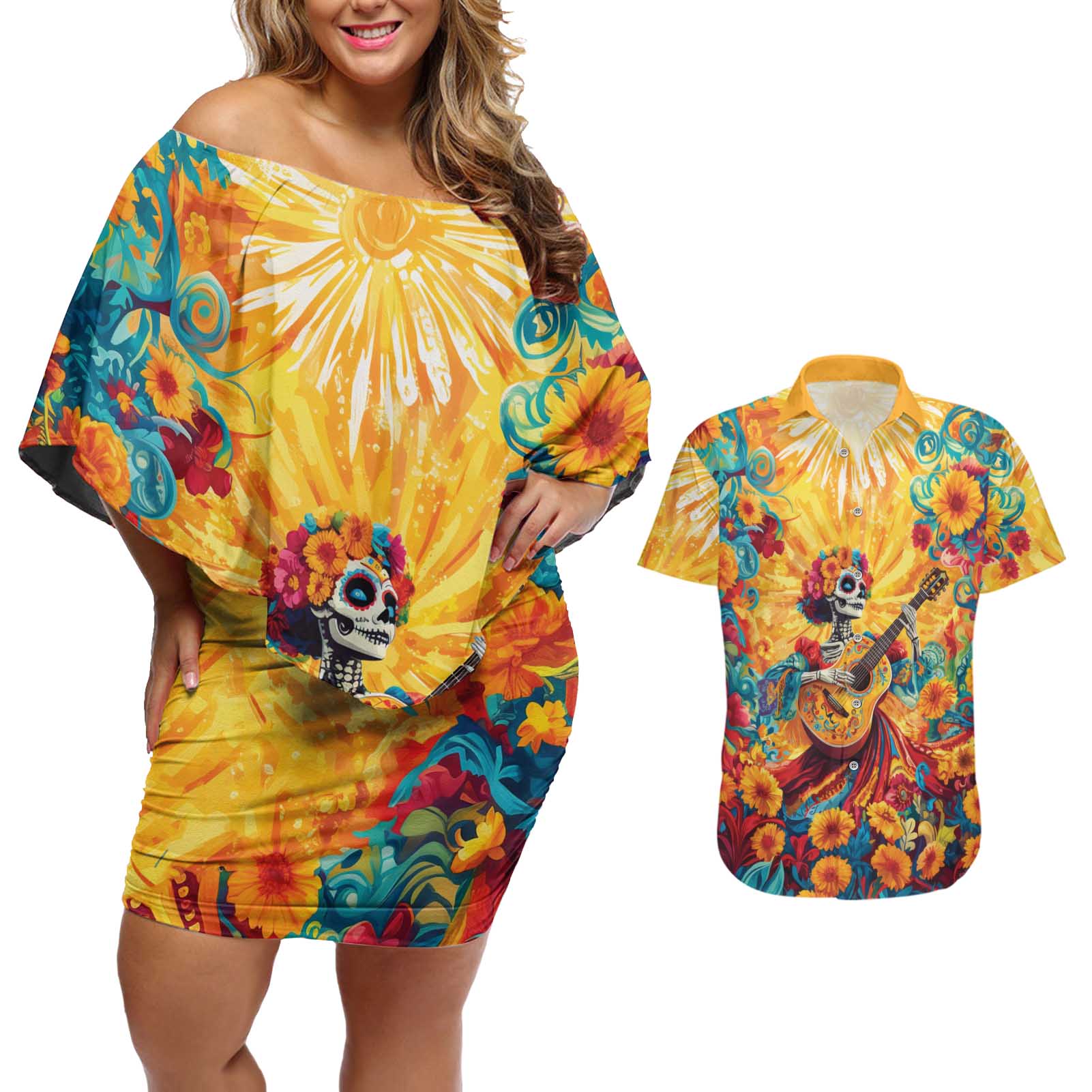 Mexico Day Of The Dead Couples Matching Off Shoulder Short Dress and Hawaiian Shirt Sugar Skull Girl With Guitar Colorful Vibes