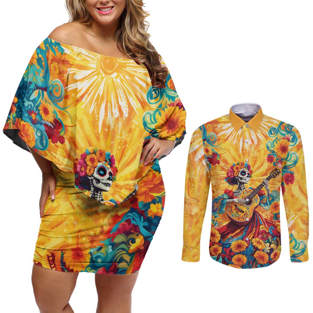 Mexico Day Of The Dead Couples Matching Off Shoulder Short Dress and Long Sleeve Button Shirt Sugar Skull Girl With Guitar Colorful Vibes - Wonder Print Shop