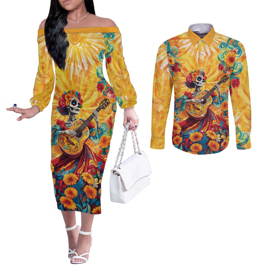 Mexico Day Of The Dead Couples Matching Off The Shoulder Long Sleeve Dress and Long Sleeve Button Shirt Sugar Skull Girl With Guitar Colorful Vibes