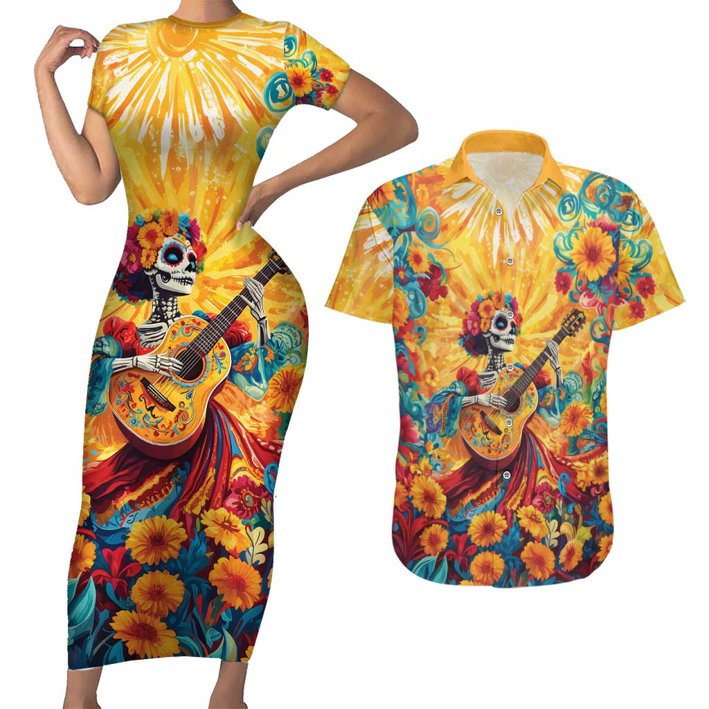 Mexico Day Of The Dead Couples Matching Short Sleeve Bodycon Dress and Hawaiian Shirt Sugar Skull Girl With Guitar Colorful Vibes - Wonder Print Shop