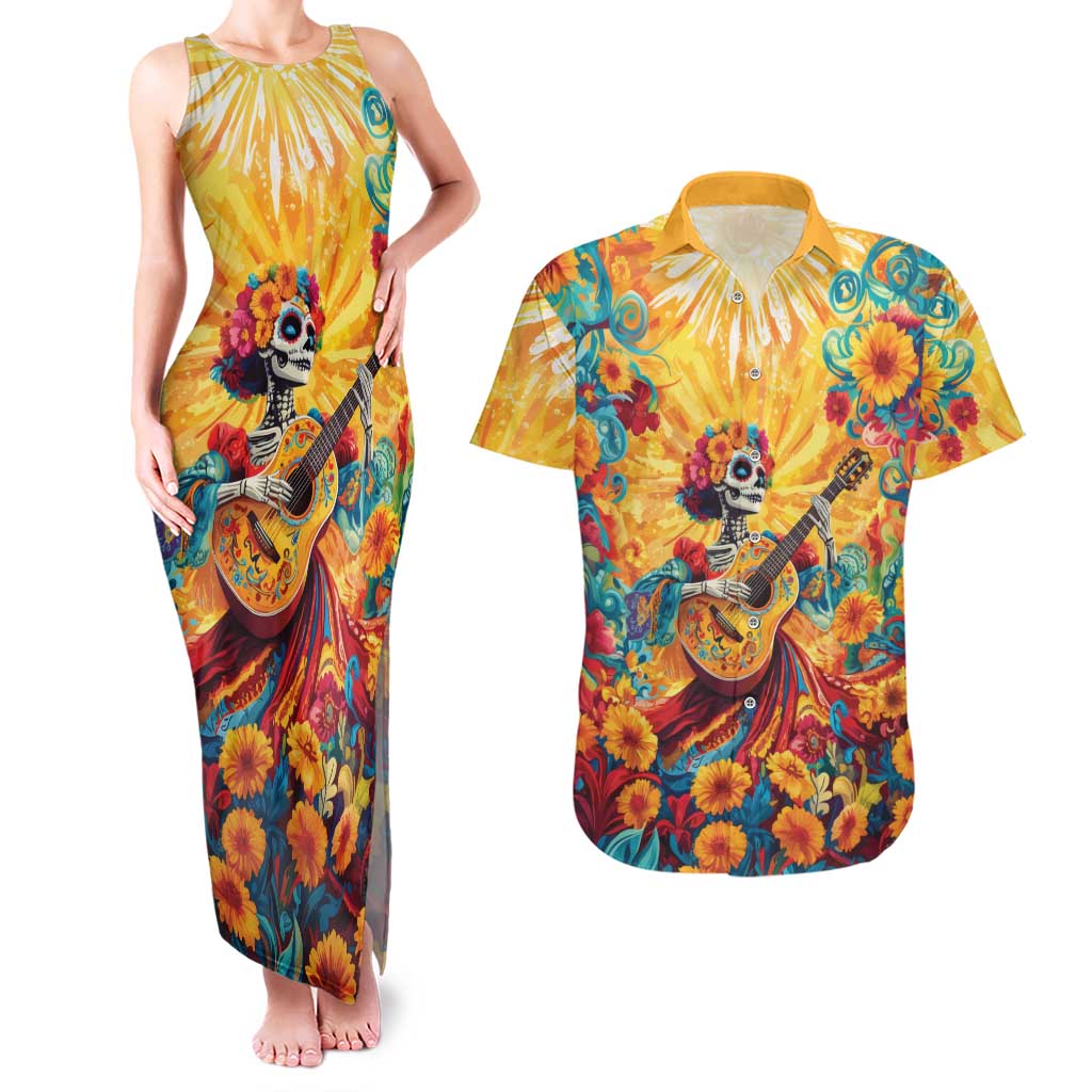 Mexico Day Of The Dead Couples Matching Tank Maxi Dress and Hawaiian Shirt Sugar Skull Girl With Guitar Colorful Vibes - Wonder Print Shop