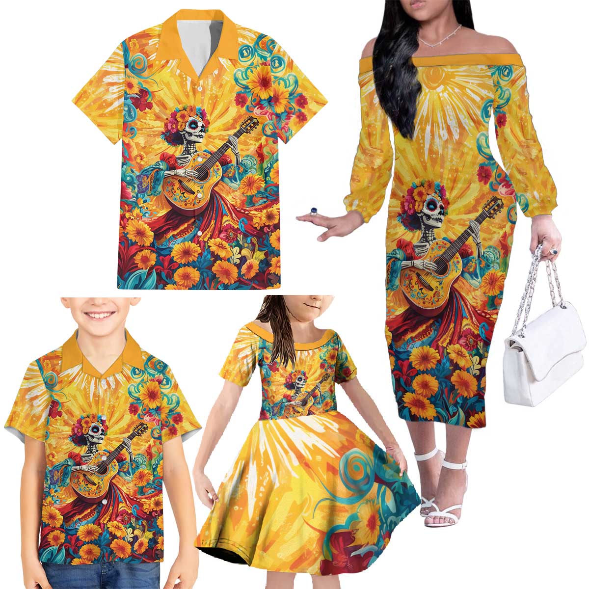 Mexico Day Of The Dead Family Matching Off The Shoulder Long Sleeve Dress and Hawaiian Shirt Sugar Skull Girl With Guitar Colorful Vibes