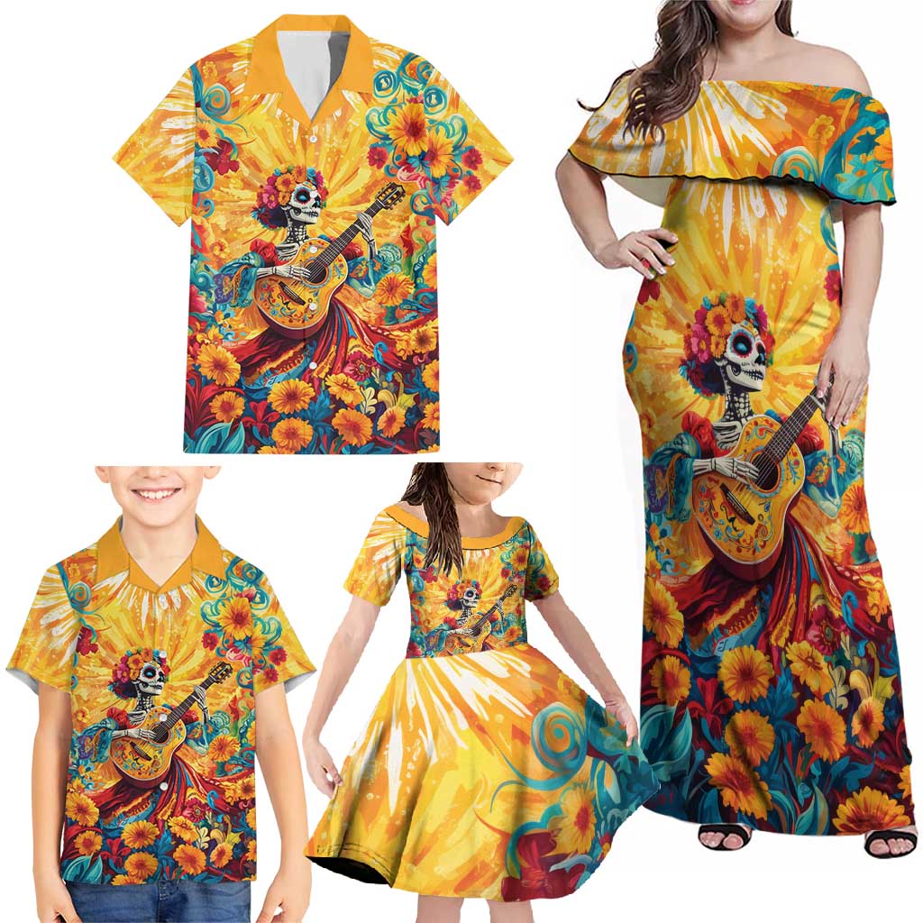 Mexico Day Of The Dead Family Matching Off Shoulder Maxi Dress and Hawaiian Shirt Sugar Skull Girl With Guitar Colorful Vibes