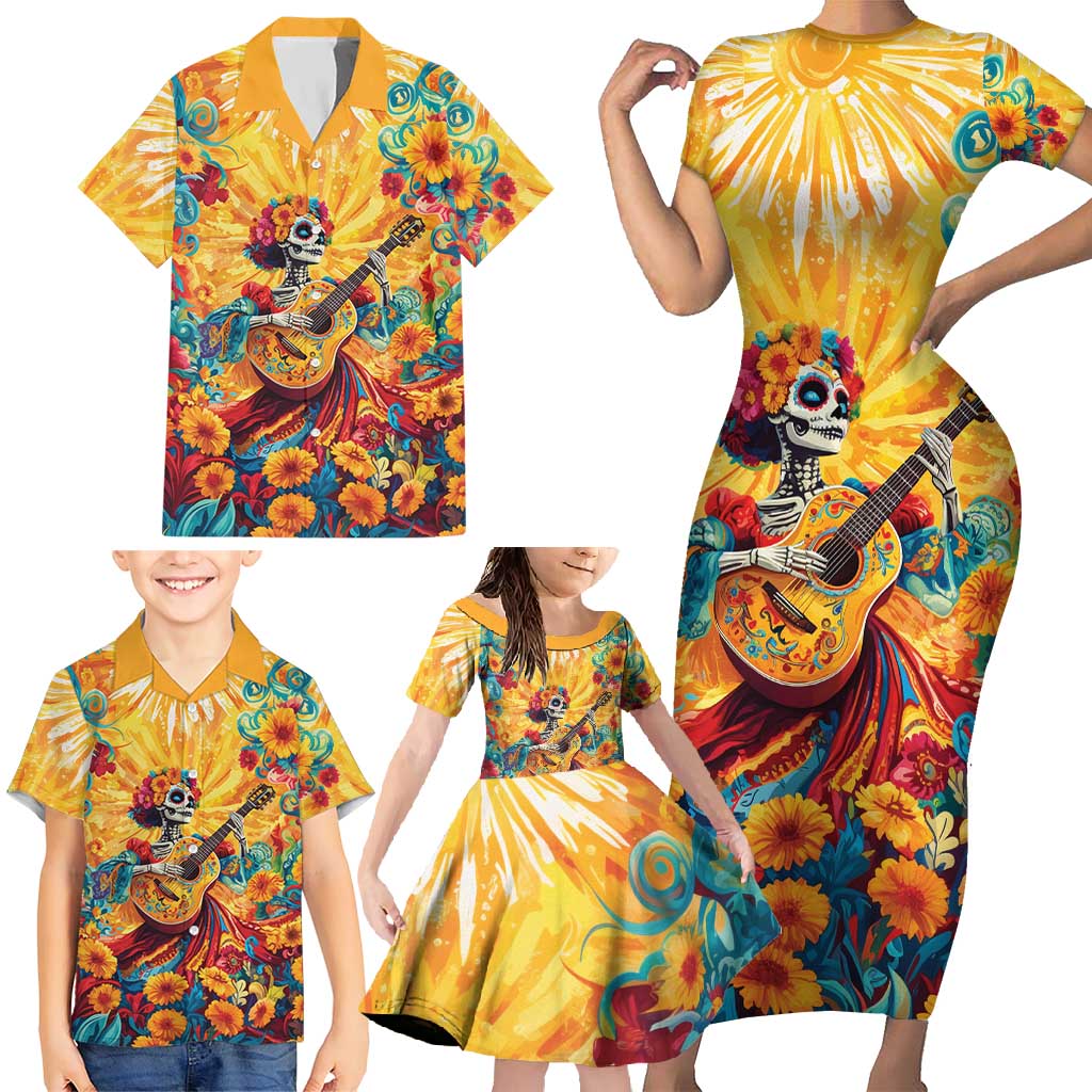 Mexico Day Of The Dead Family Matching Short Sleeve Bodycon Dress and Hawaiian Shirt Sugar Skull Girl With Guitar Colorful Vibes