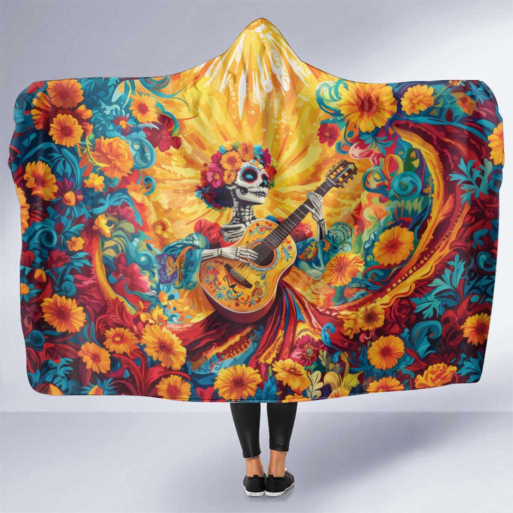 Mexico Day Of The Dead Hooded Blanket Sugar Skull Girl With Guitar Colorful Vibes