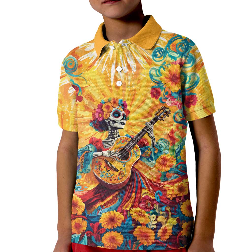 Mexico Day Of The Dead Kid Polo Shirt Sugar Skull Girl With Guitar Colorful Vibes