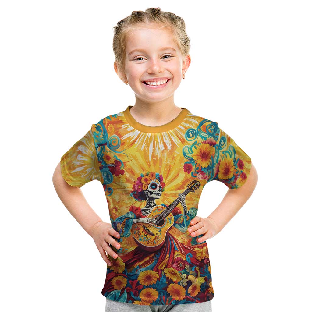 Mexico Day Of The Dead Kid T Shirt Sugar Skull Girl With Guitar Colorful Vibes