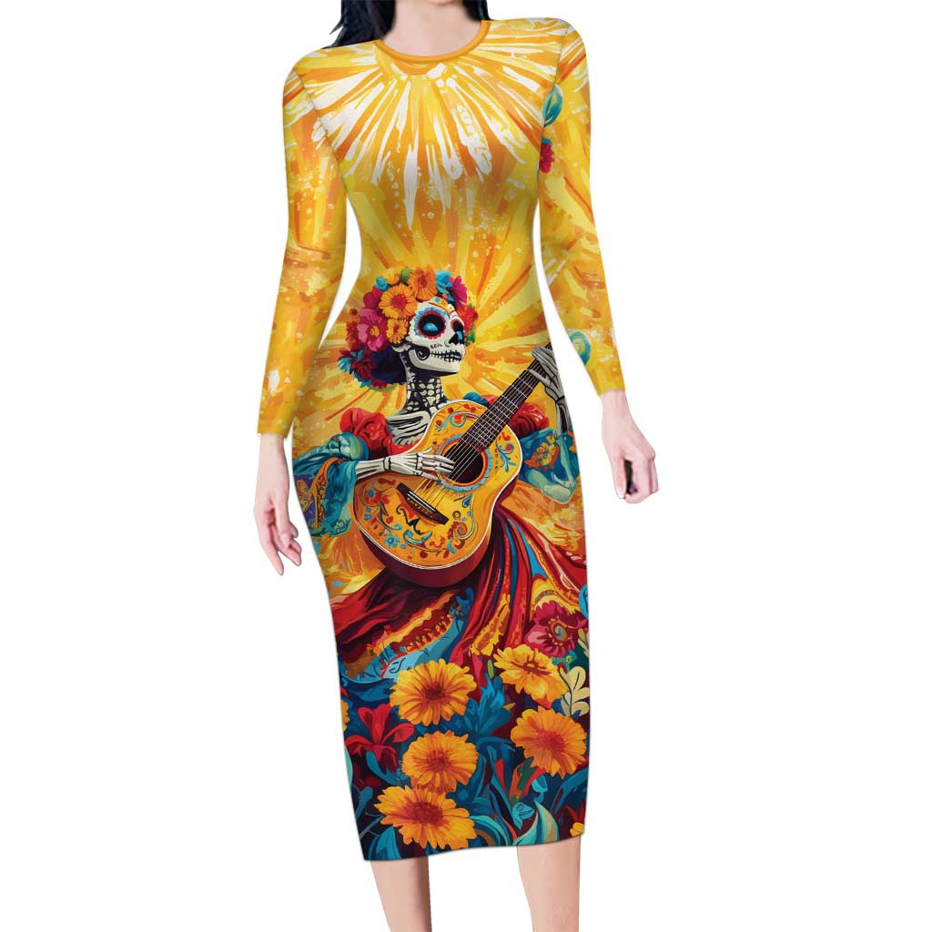 Mexico Day Of The Dead Long Sleeve Bodycon Dress Sugar Skull Girl With Guitar Colorful Vibes