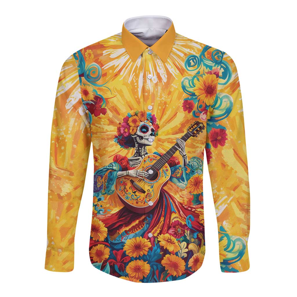 Gold long sleeve button shirt with colorful sugar skull playing guitar, floral graphics