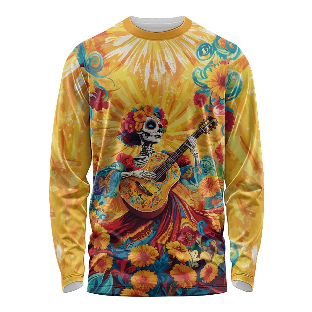 Mexico Day Of The Dead Long Sleeve Shirt Sugar Skull Girl With Guitar Colorful Vibes - Wonder Print Shop