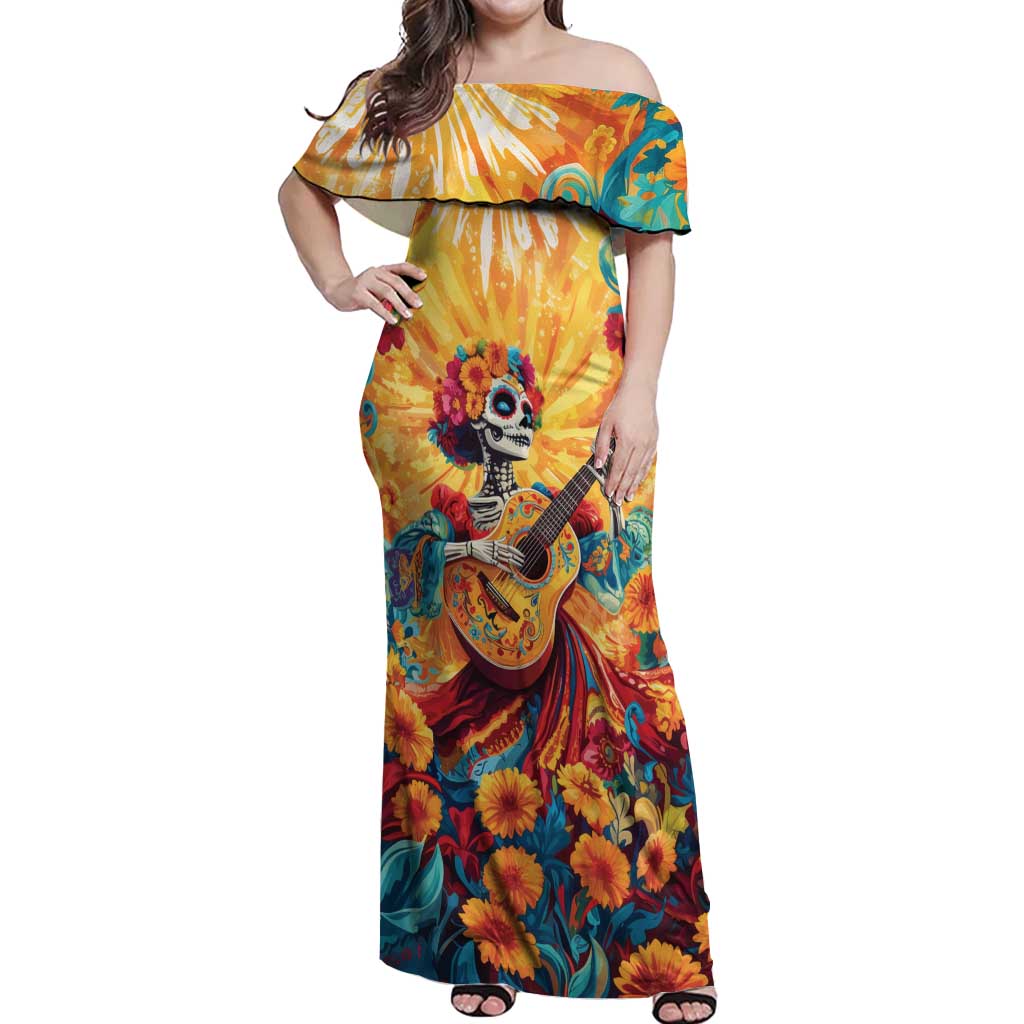 Mexico Day Of The Dead Off Shoulder Maxi Dress Sugar Skull Girl With Guitar Colorful Vibes