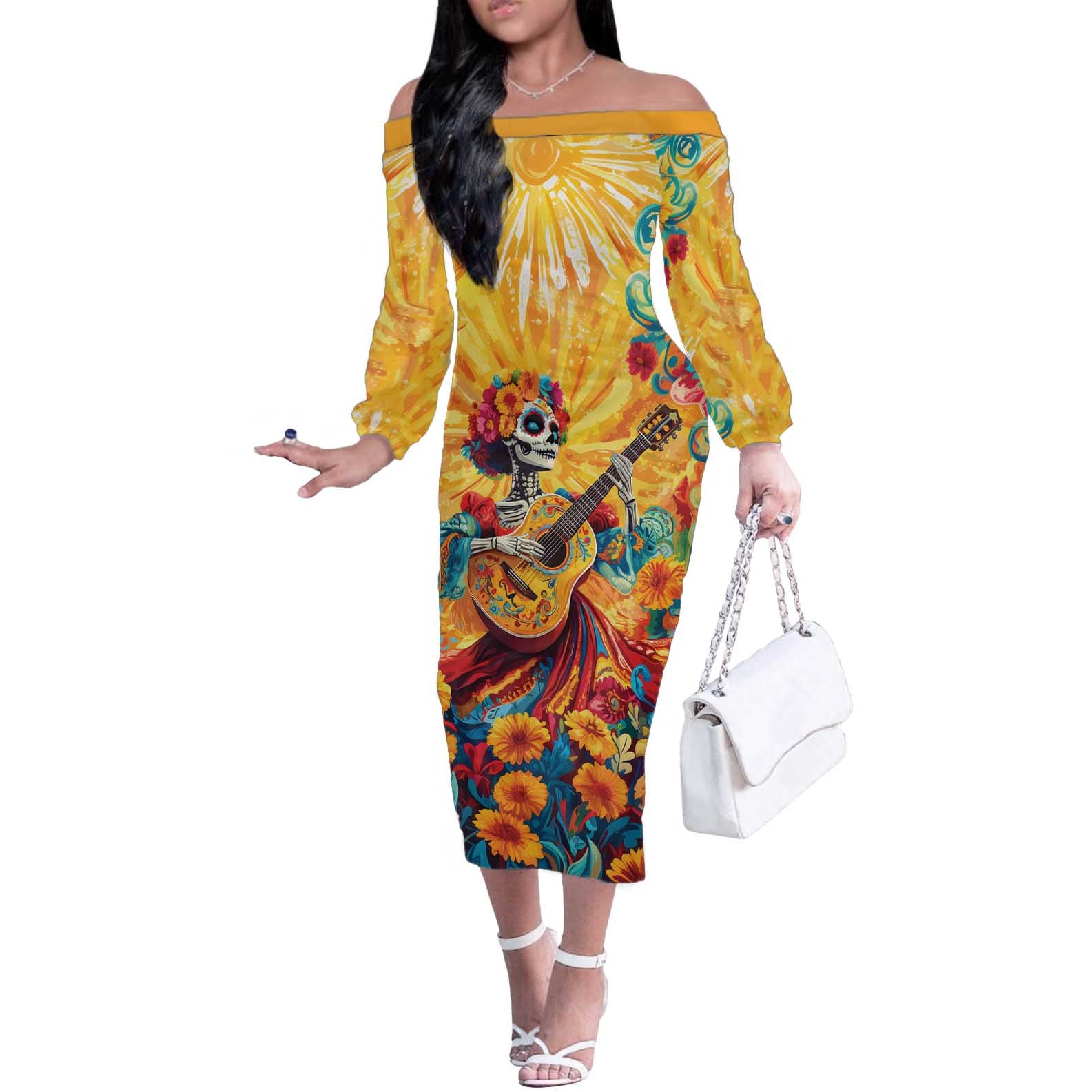 Mexico Day Of The Dead Off The Shoulder Long Sleeve Dress Sugar Skull Girl With Guitar Colorful Vibes