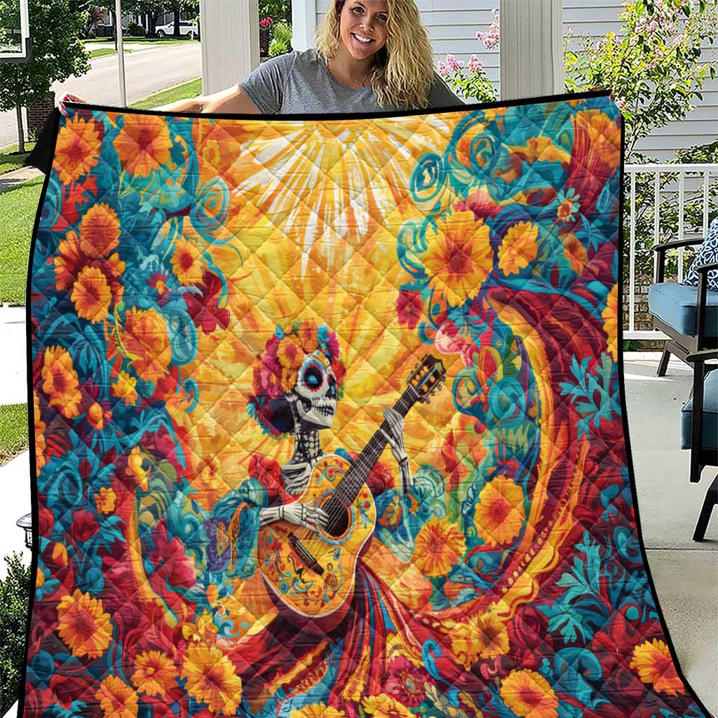 Day of the Dead quilt with sugar skull girl playing guitar and multicolor floral design