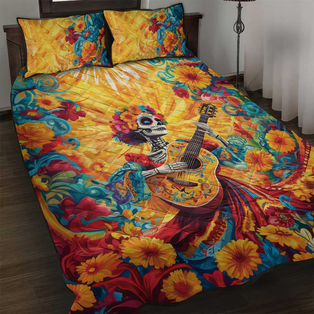 Gold Day of the Dead quilt with sugar skull girl playing guitar, floral and swirl details